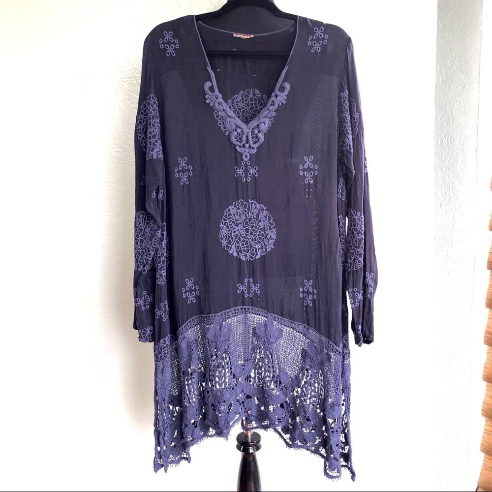 Johnny Was Blue Boho Embroidered Crochet Tunic Long Sleeve Coverup Dress Size L